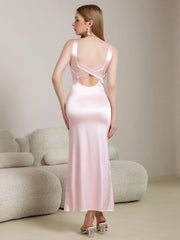 Crisscross Back Square Neck Satin Long Dress | Bridesmaid Dress